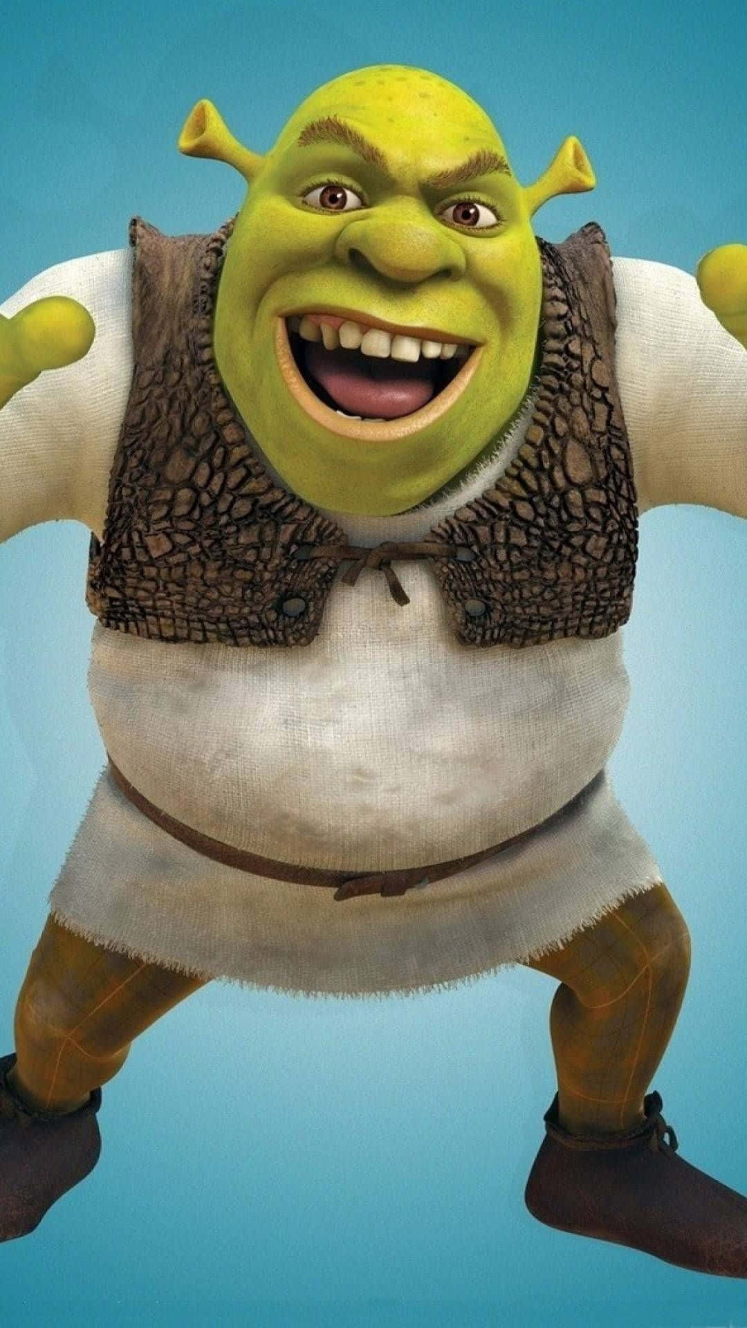 Shrek Funny 桌布 壁紙 — 史瑞克（食人魔）身穿標誌性長袍，在純藍色背景前喜氣洋洋。