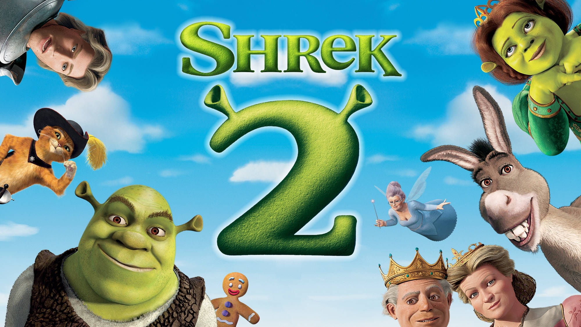 Shrek 2 桌布 壁紙 — 《史瑞克2》電影海報，主要角色在明亮的藍天和蓬鬆的雲朵背景下。