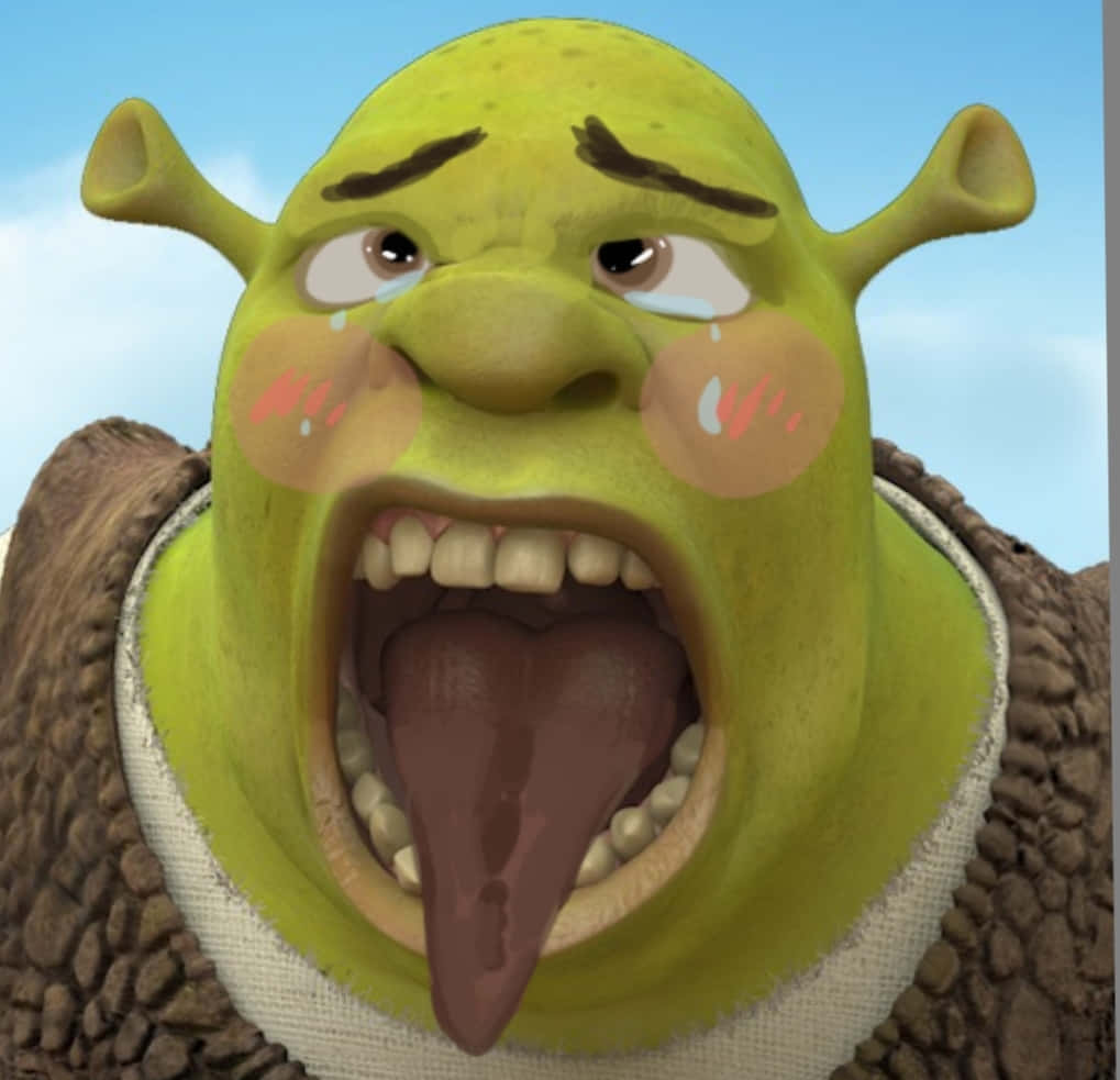 Funny Shrek 桌布 壁紙 — 史瑞克伸出舌頭哭泣，眼淚順著他的綠色臉龐流下，背景是藍天。