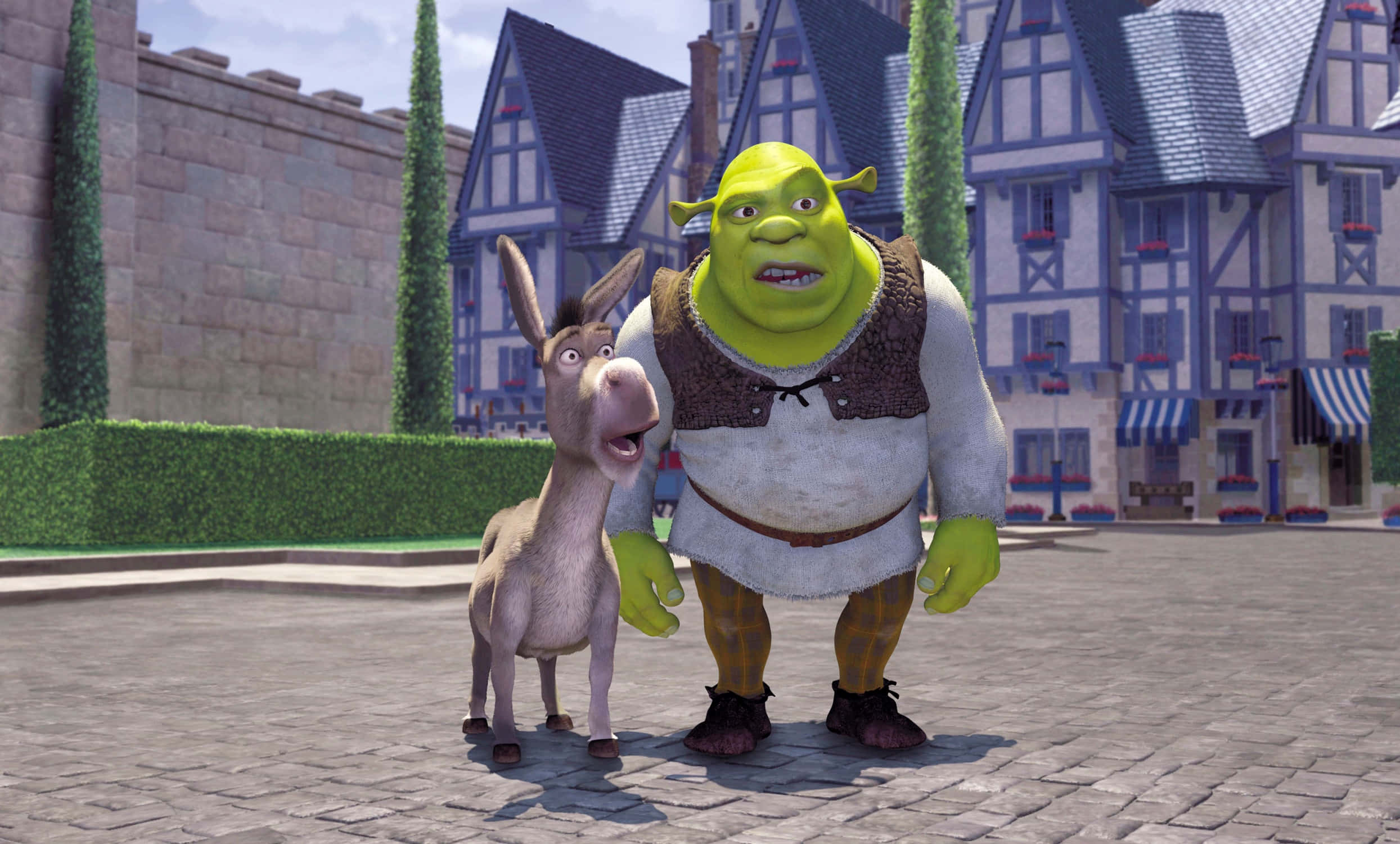 shrek meme 桌布 壁紙 — 史瑞克和驢子一起站在一個鋪滿鵝卵石的城鎮廣場上，周圍有半木結構房屋和石牆，天空晴朗。