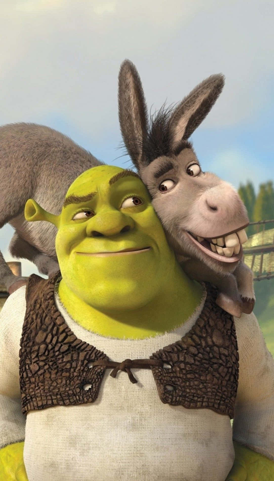 Funny Shrek 桌布 壁紙 — 史瑞克和驢子在明亮的戶外背景下分享歡樂時刻，露出燦爛的笑容。
