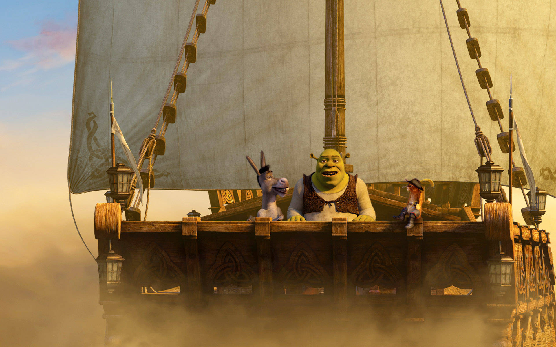 shrek 4K 桌布 壁紙 — 史瑞克和驢子快樂地站在船甲板上，船在日落時分穿過霧氣瀰漫的金色光芒中航行。