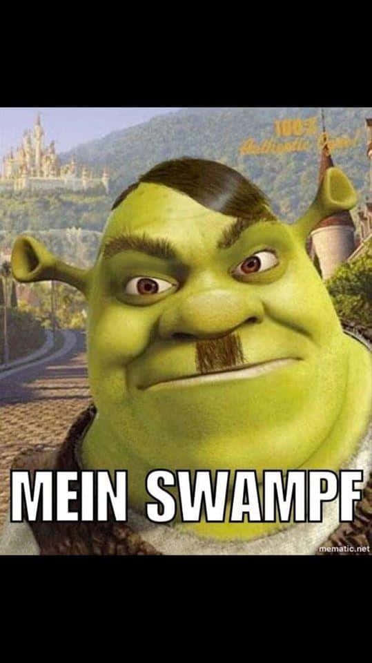 Funny Shrek 桌布 壁紙 — 史瑞克帶著自鳴得意的笑容，以他的沼澤城堡和蜿蜒道路為背景，凝視著觀眾。