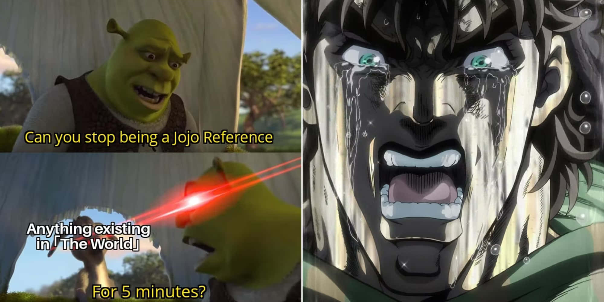 Jojo Meme 桌布 壁紙 — 史瑞克笑著手持紅色雷射槍，旁邊有一個流淚哭泣的JoJo動漫角色。