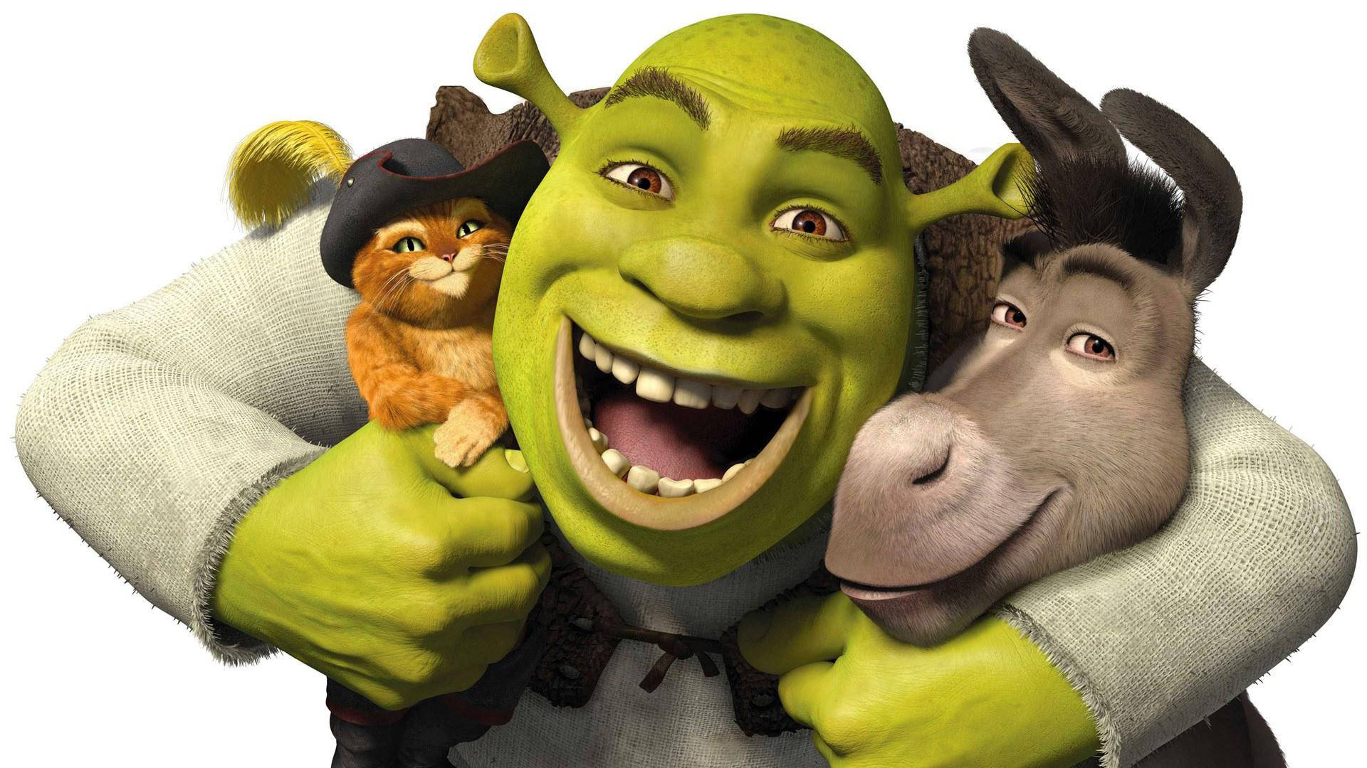 Shrek 2 桌布 壁紙 — 史瑞克與驢子和穿靴子的貓在純白背景前開心大笑，被他們緊緊擁抱。