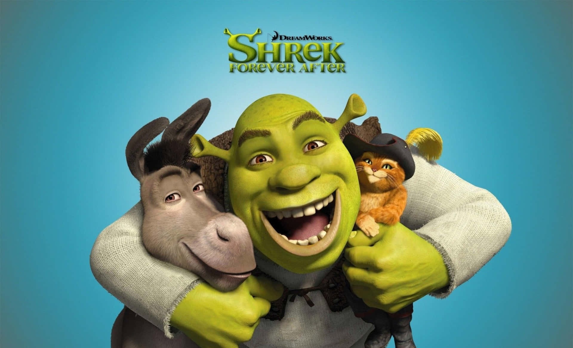 Funny Shrek 桌布 壁紙 — 史瑞克與驢子和穿靴子的貓開心擁抱，背景為純藍色。