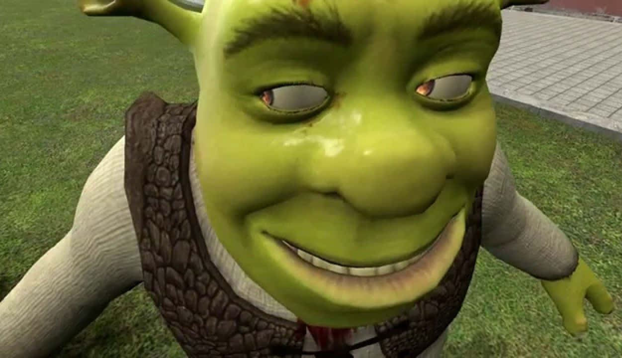 Shrek Funny 桌布 壁紙 — 史瑞克近距離微笑，眼睛下垂，綠色皮膚，背景是草地和行人道。