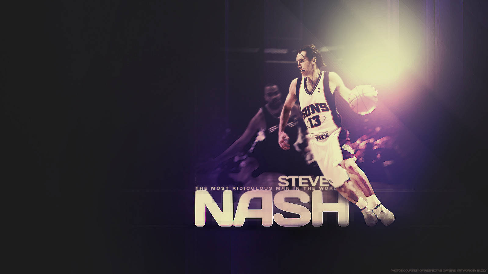 NBA 桌布 壁紙 — 史蒂夫·納許在紫色和黃色燈光的戲劇性聚光燈下運球。