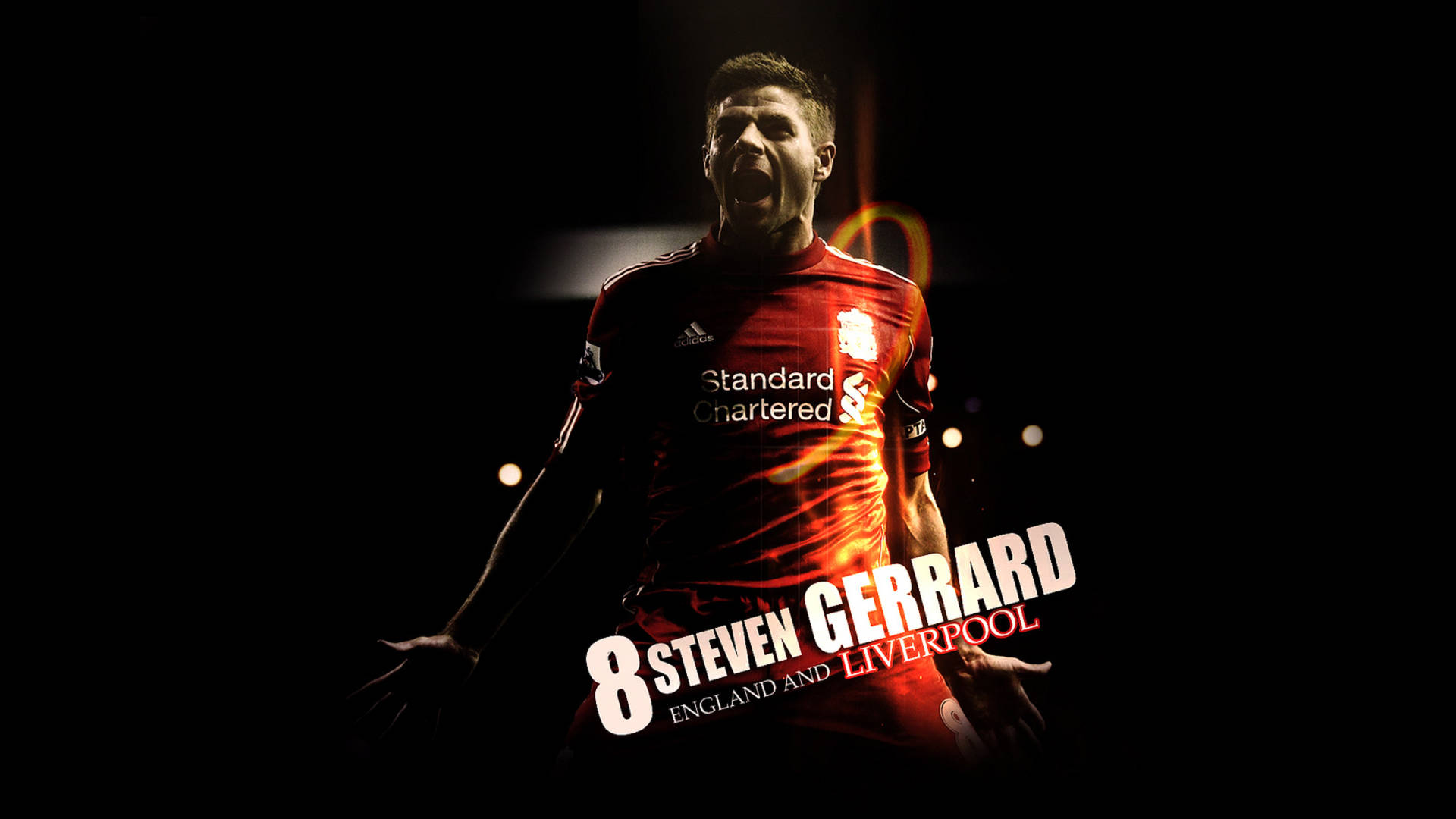 Steven Gerrard 桌布 壁紙 — 史蒂文·傑拉德身穿紅色利物浦球衣，在黑暗背景中發出勝利的咆哮，伴隨著發光效果。