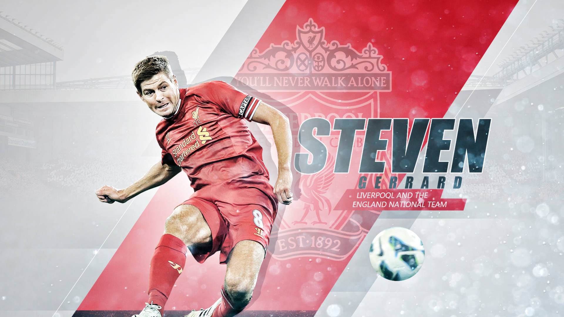 Steven Gerrard 桌布 壁紙 — 史蒂文·傑拉德身穿紅色利物浦球衣，在俱樂部徽章和「You'll Never Walk Alone」標語背後運球。