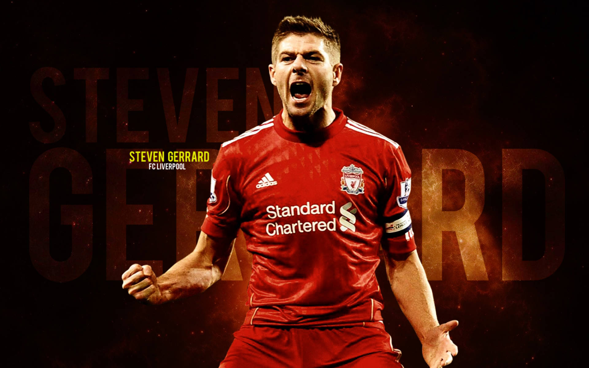 Steven Gerrard 桌布 壁紙 — 史蒂文·傑拉德身穿紅色利物浦球衣，在黑暗火熱的背景前，他的名字以粗體字呈現，發出勝利的怒吼。