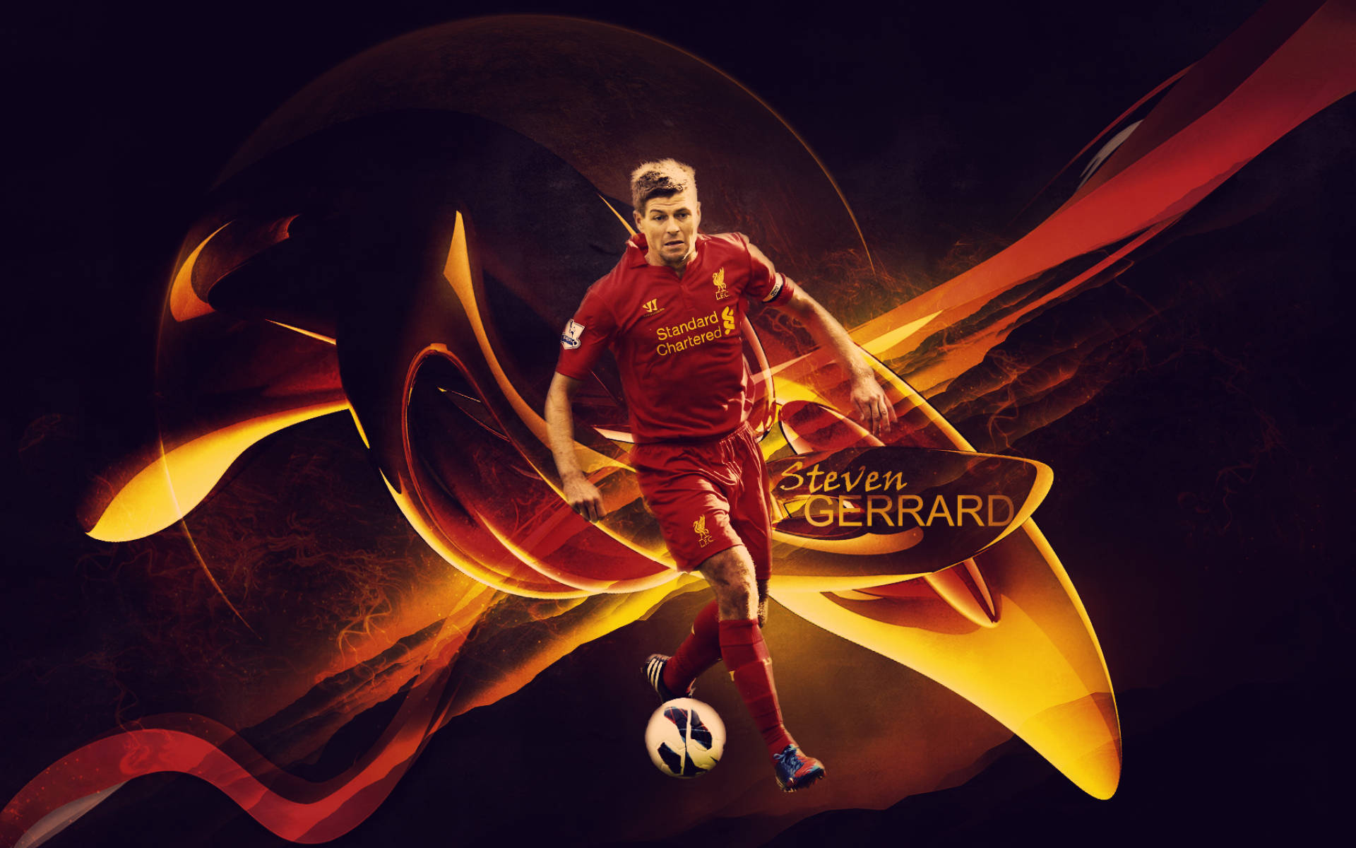 Steven Gerrard 桌布 壁紙 — 史蒂芬·傑拉德身穿紅色利物浦球衣，在深色背景下，於火熱的橙色和紅色抽象運動漩渦中盤球。