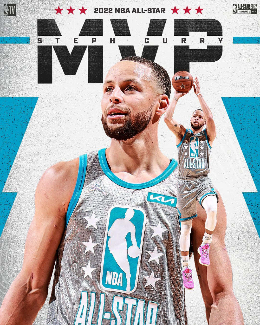 史蒂芬·柯瑞 桌布 壁紙 — 史蒂芬柯瑞身穿2022年NBA全明星MVP球衣，手持籃球，背後有動態動作姿勢。