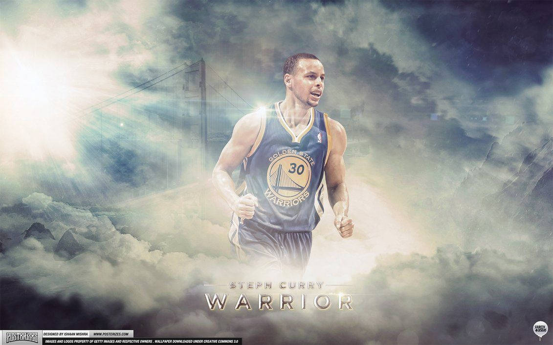Curry 桌布 壁紙 — 史蒂芬柯瑞身穿金州勇士球衣，在戲劇性的雲層中奔跑，背景有一座發光的橋樑。