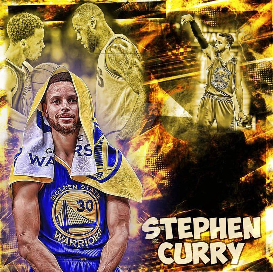 Curry 桌布 壁紙 — 史蒂芬柯瑞身穿金州勇士球衣，頭披毛巾，背景是火熱的金色抽象圖案。