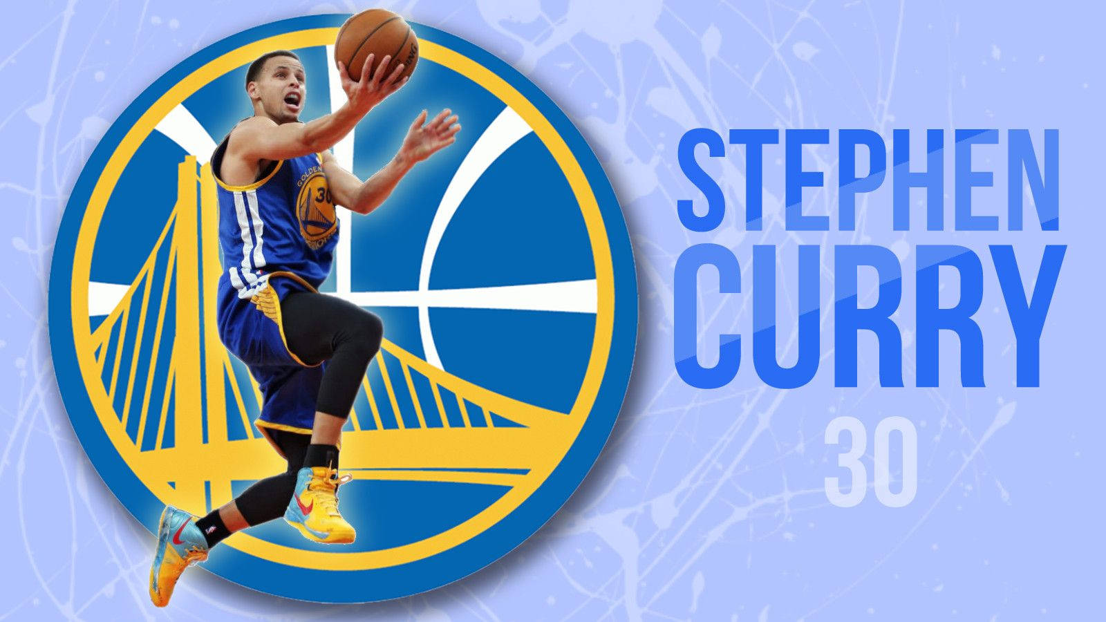 Curry 桌布 壁紙 — 史蒂芬柯瑞身穿金州勇士隊球衣，在半空中投籃，背景為風格化的球隊標誌。