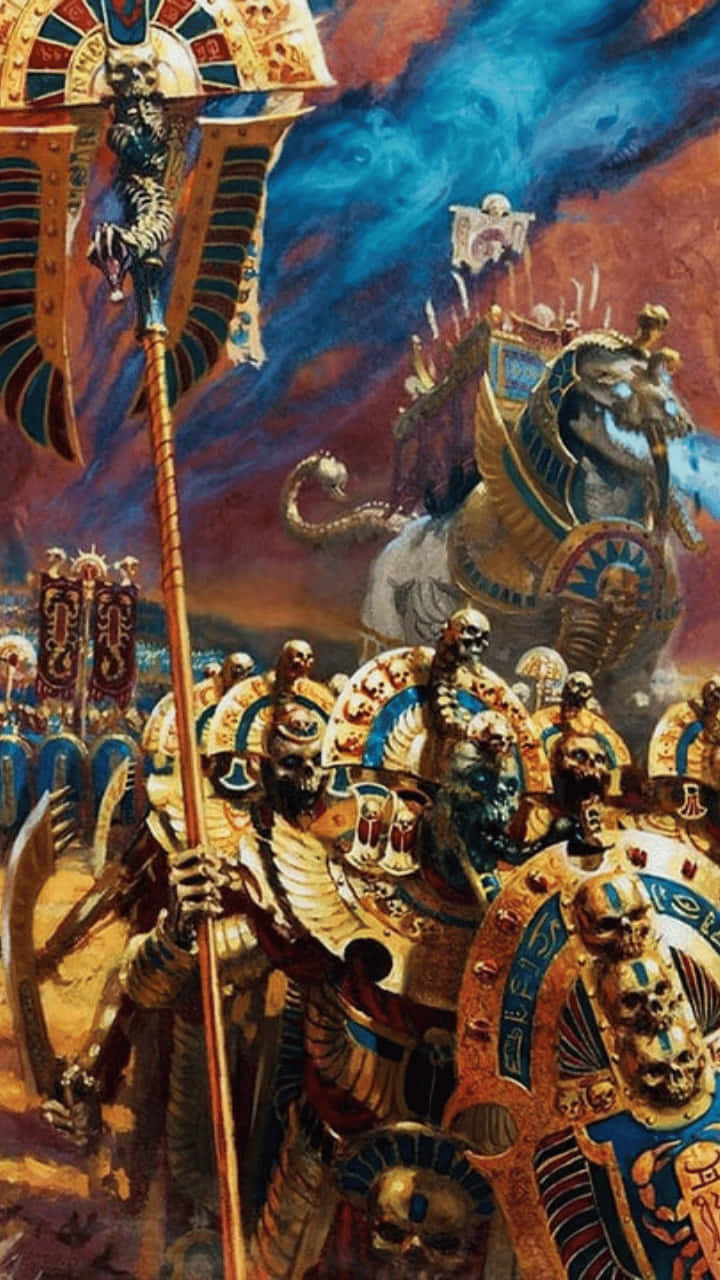 Android Total War Warhammer Ii 桌布 壁紙 — 史詩奇幻戰鬥場景，骷髏戰士身著華麗金色盔甲，在暴風雨的天空下揮舞長矛和盾牌。