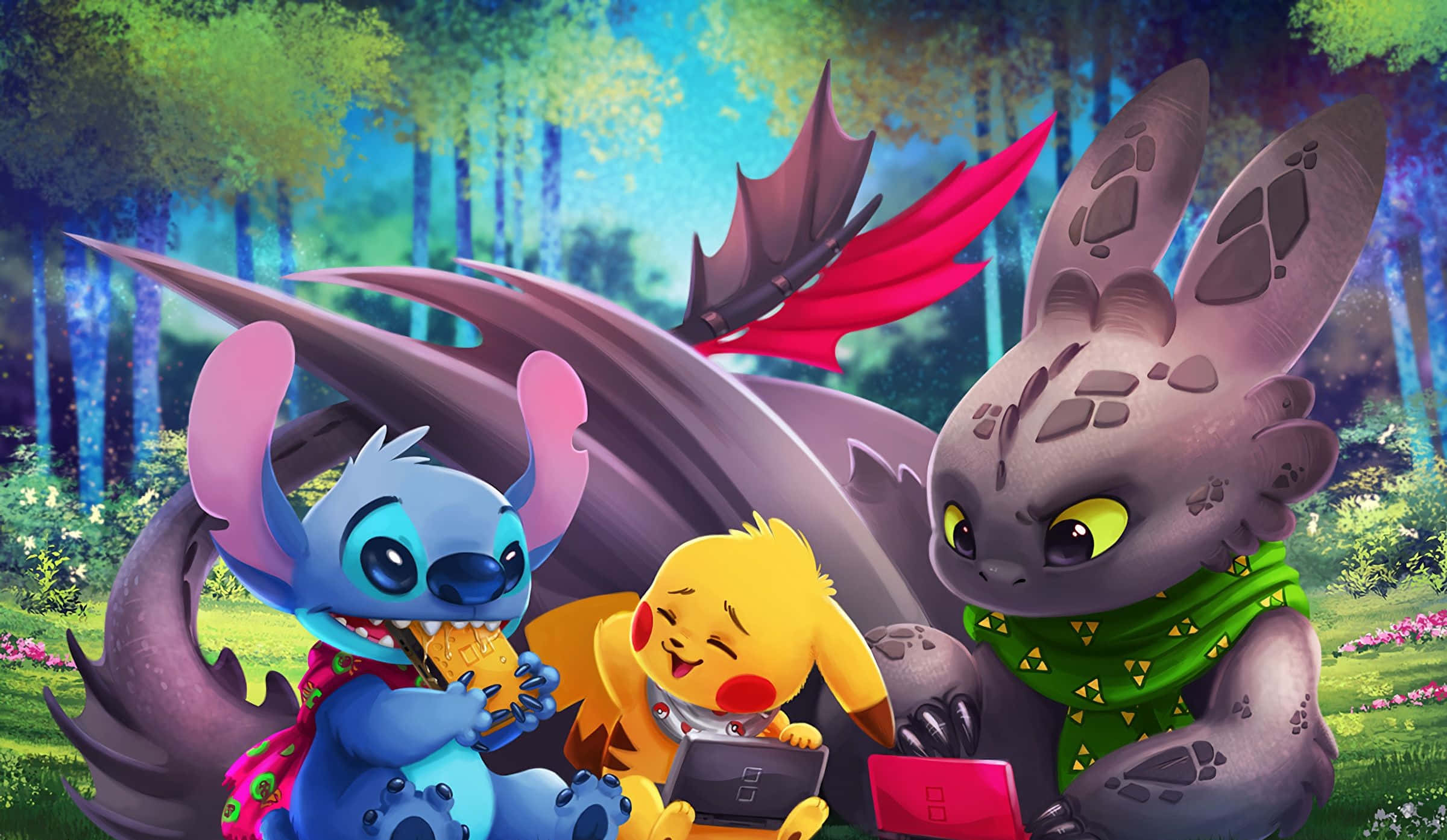 Cute Lilo And Stitch 桌布 壁紙 — 史迪奇、皮卡丘和沒牙仔聚集在魔法森林空地，在發光樹下分享零食和小工具。