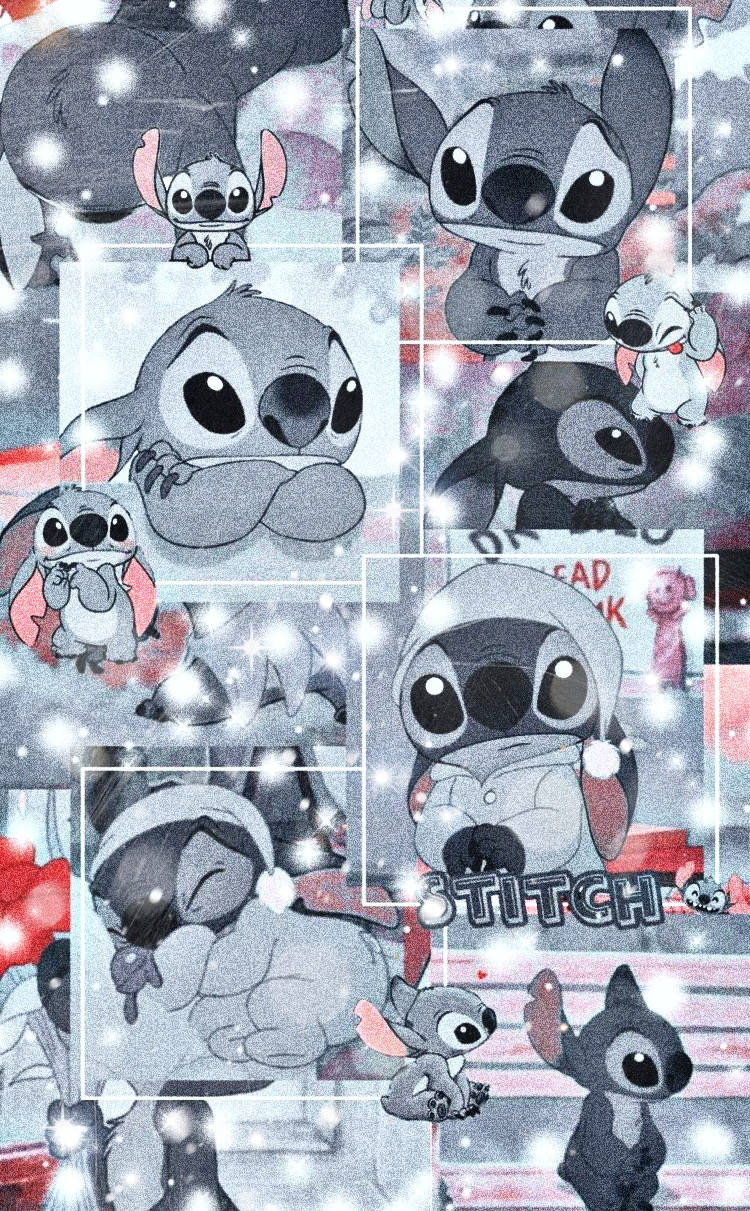 stitch collage 桌布 壁紙 — 史迪奇以各種可愛姿勢組成的拼貼畫，帶有閃光和雪花，背景為灰色。