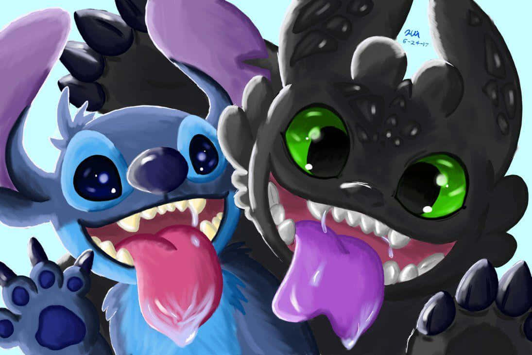 Toothless And Stitch 桌布 壁紙 — 史迪奇和無牙在俏皮的動漫風格數位插圖中開心地伸出舌頭。