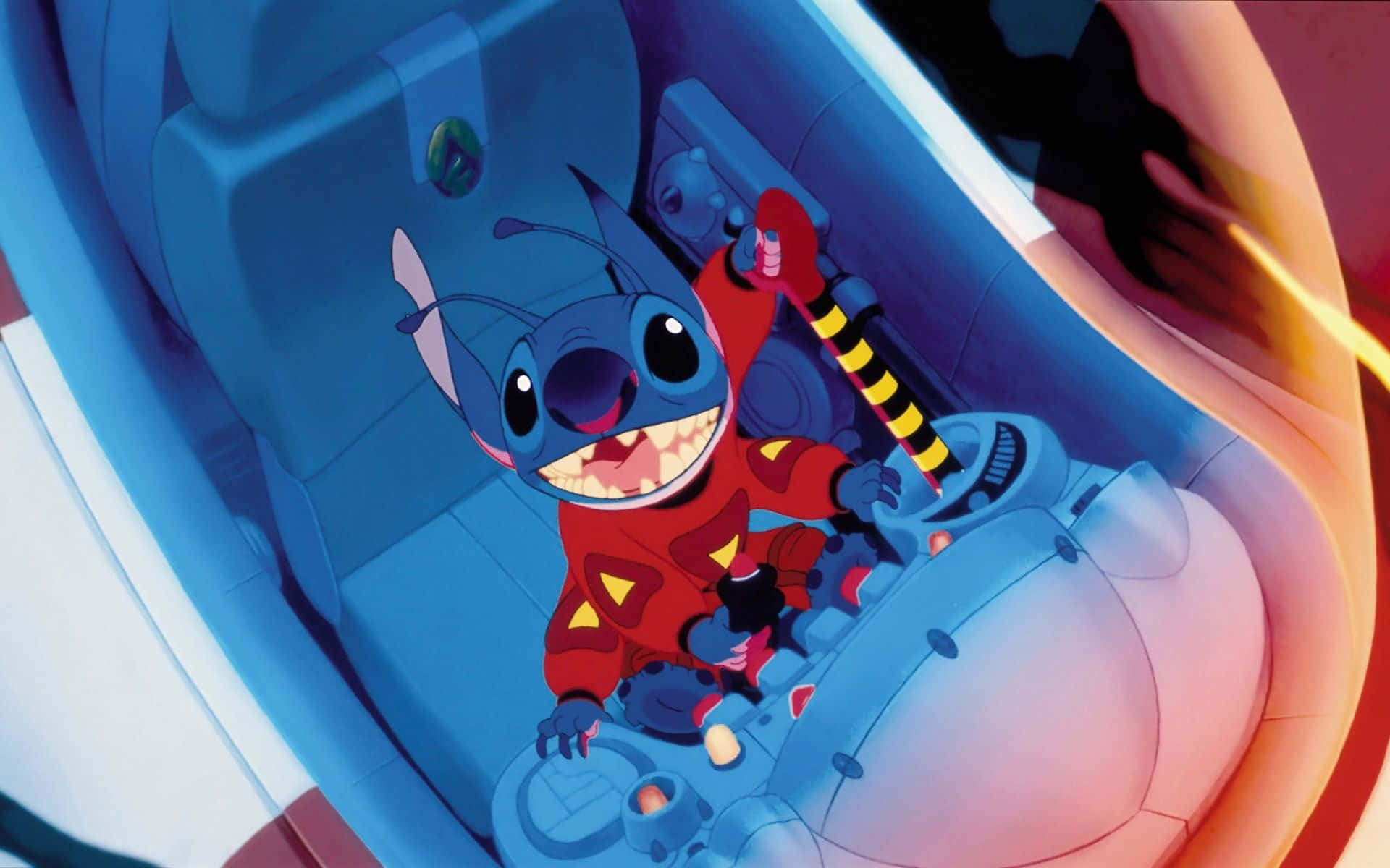 Cute Lilo And Stitch 桌布 壁紙 — 史迪奇在充滿活力的動畫場景中，駕駛太空船穿過火焰隧道，咧嘴大笑。