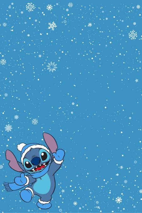 史迪奇穿著冬季裝備在藍天下飄雪中跳舞。 — 雪花 GIF 壁紙