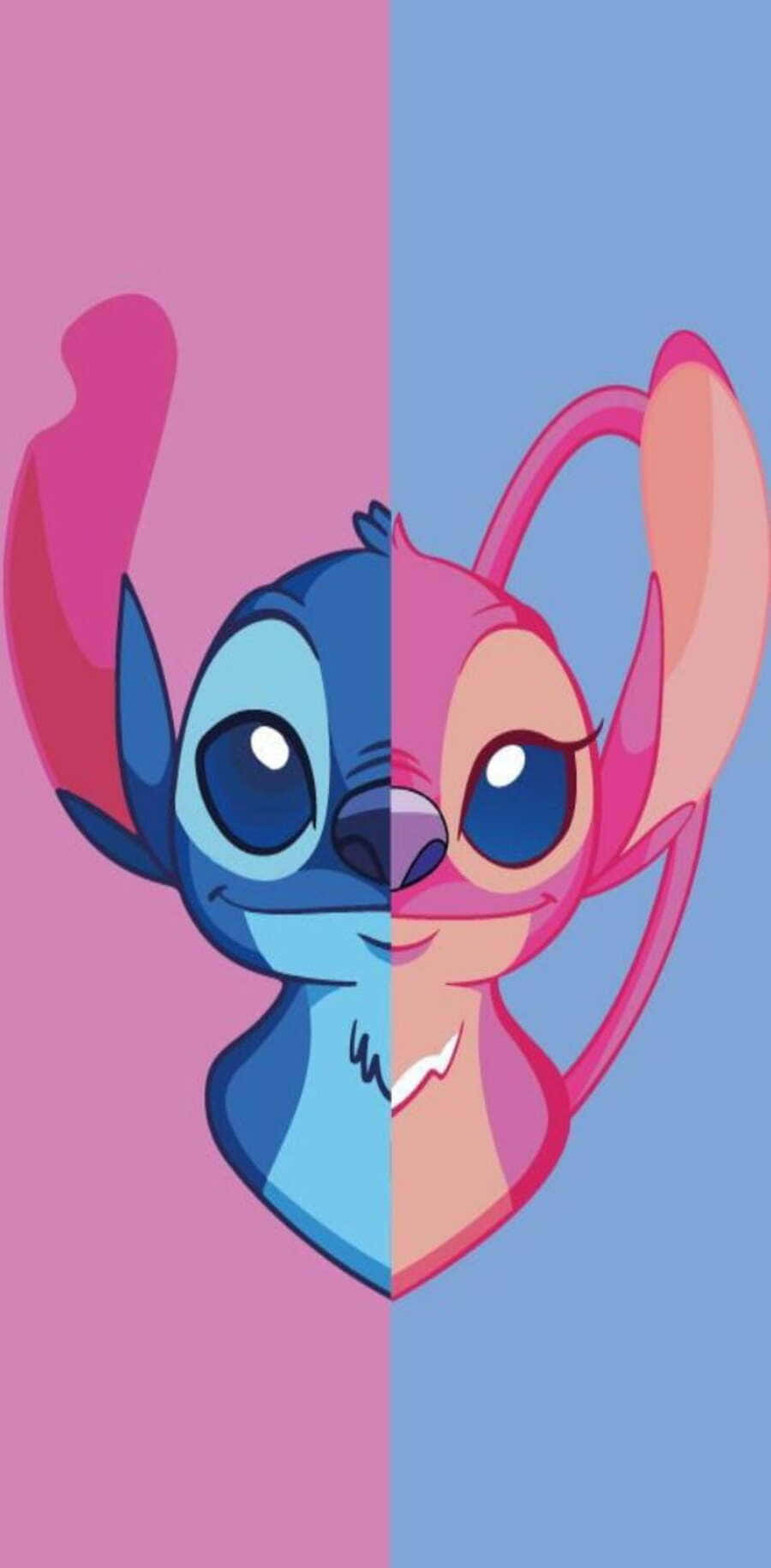 Love Stitch And Angel 桌布 壁紙 — 史迪奇的動畫風格分屏肖像，一半藍色一半粉紅色，配以相應背景。