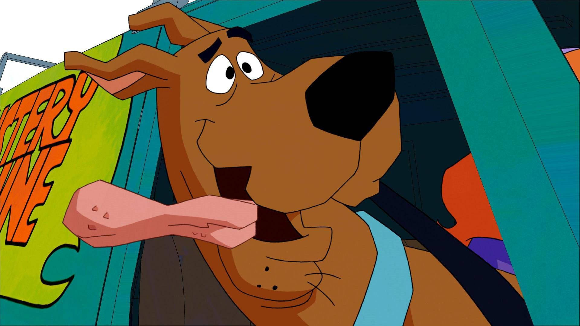 Scooby 桌布 壁紙 — 史酷比卡通狗從神秘公司標誌後面探出頭來，伸出舌頭。