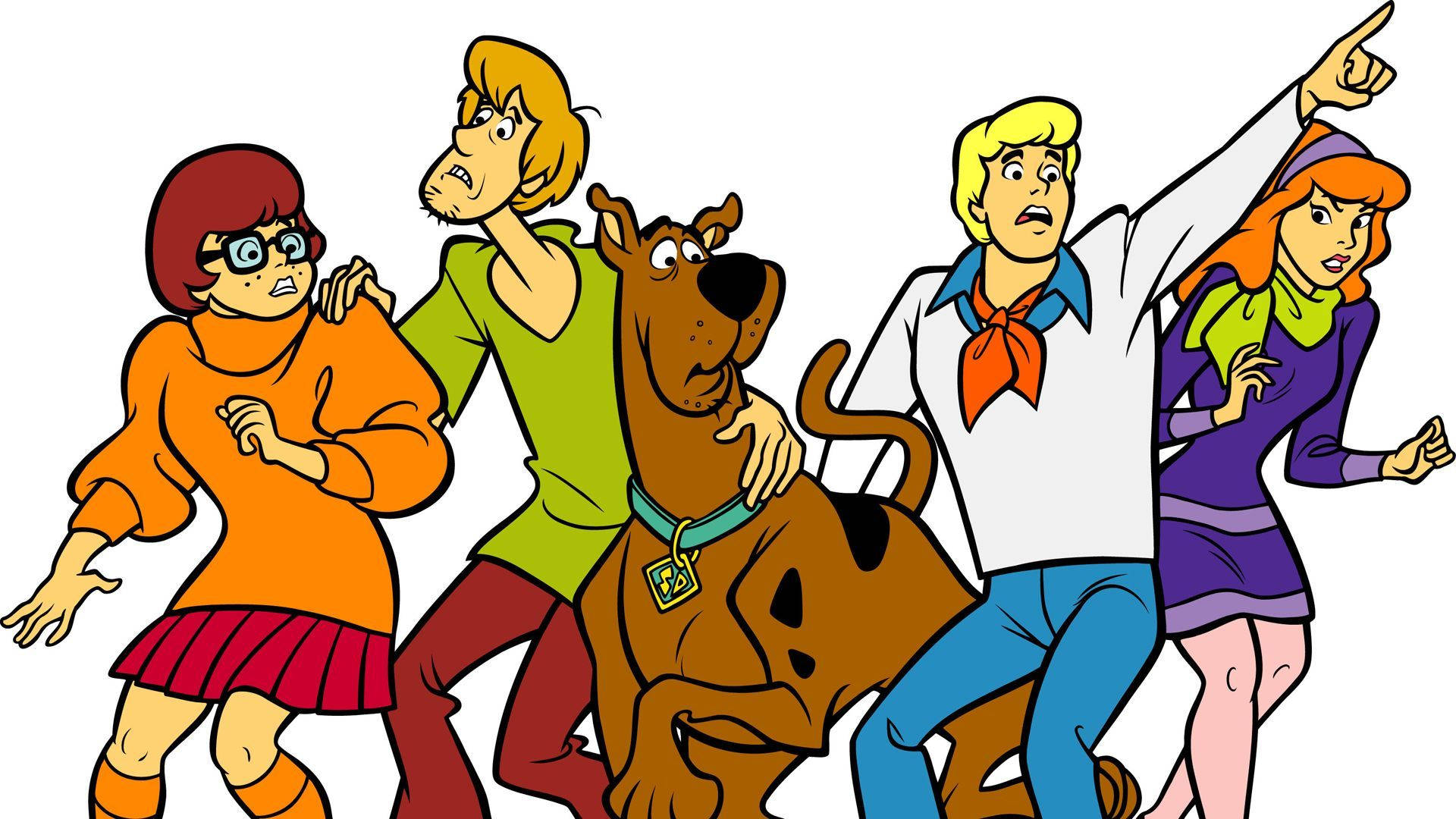 Scooby 桌布 壁紙 — 史酷比和同伴們睜大眼睛、伸出雙臂，在純白色背景上驚慌奔跑。