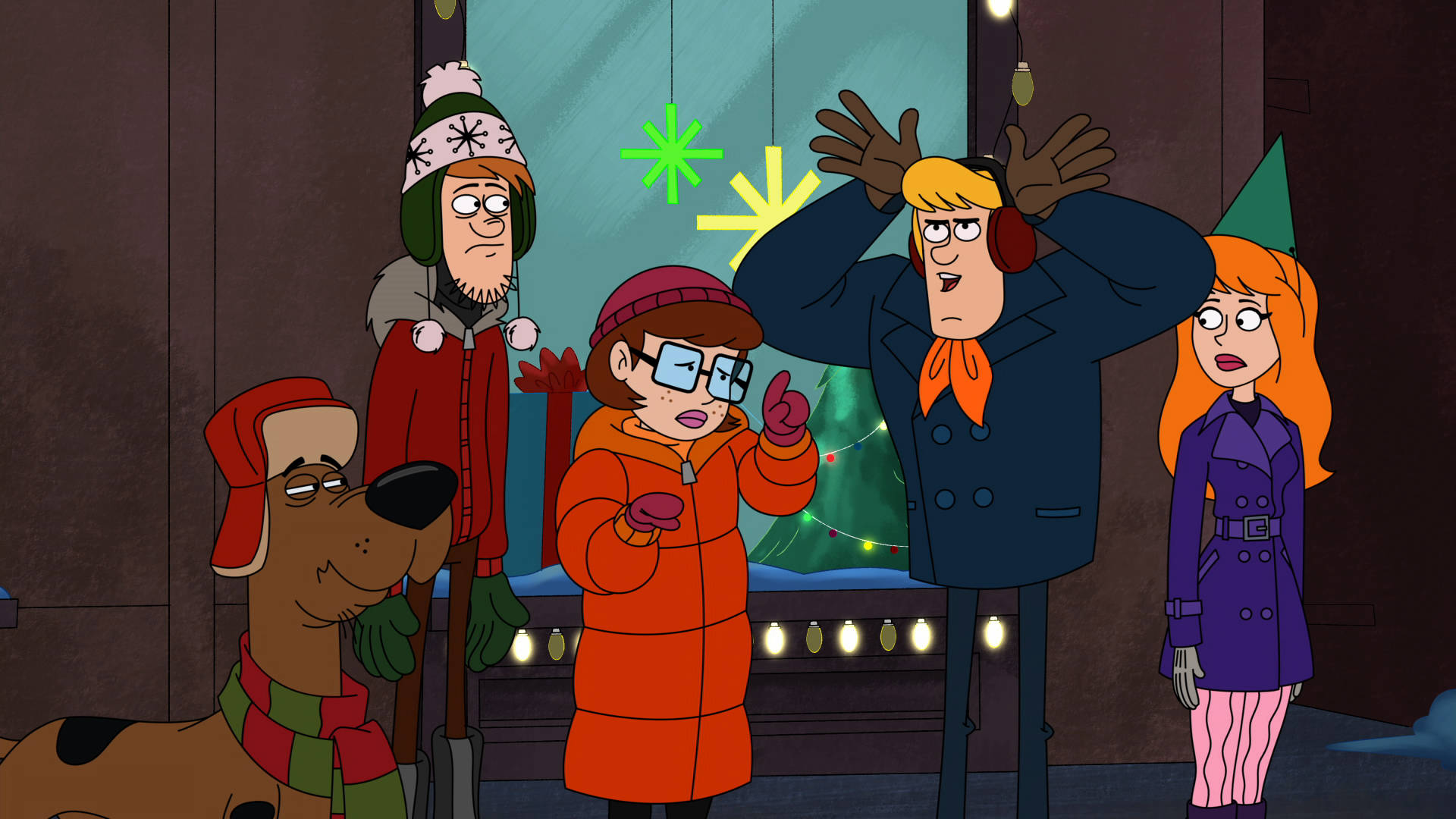 Scooby 桌布 壁紙 — 史酷比和朋友們穿著冬季外套站在一個裝飾著閃爍燈光和雪花的節日窗戶外。