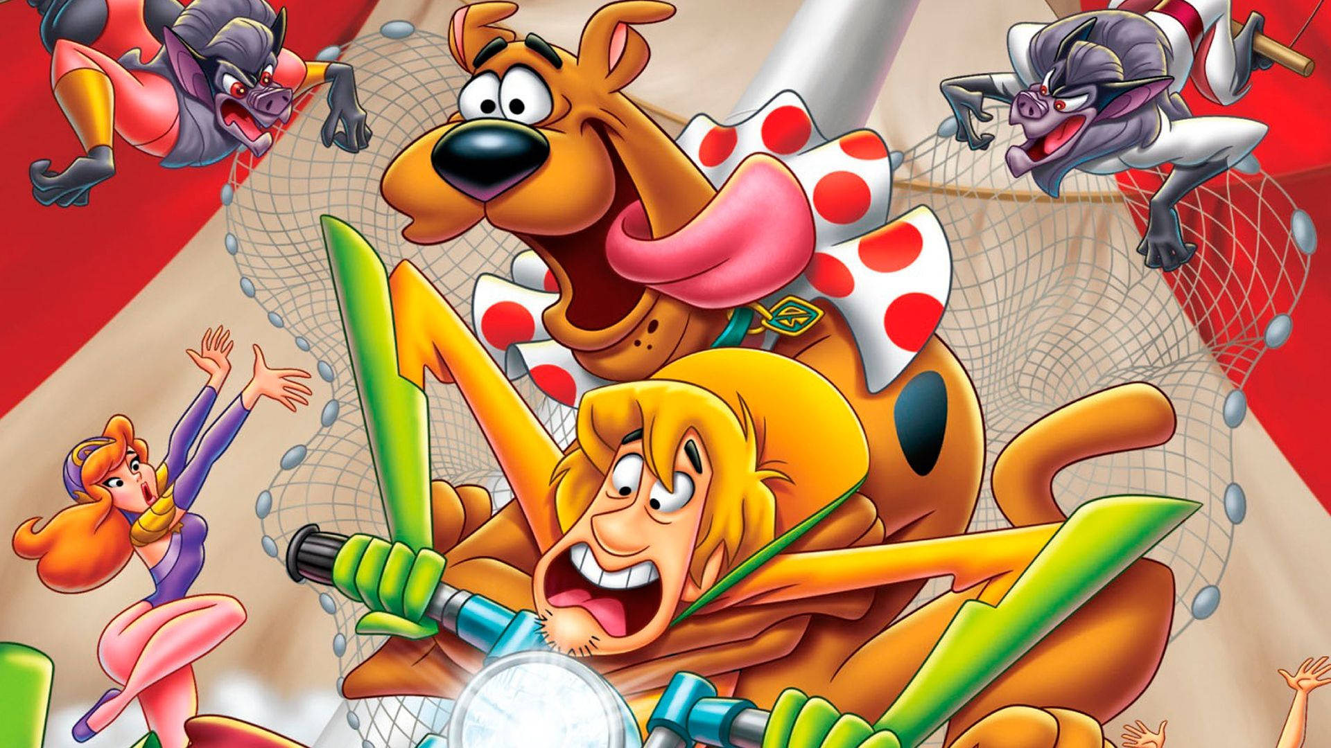 Scooby 桌布 壁紙 — 史酷比和沙奇乘坐火箭穿過網，兩個紫色鬼魂在紅色背景上追趕他們。