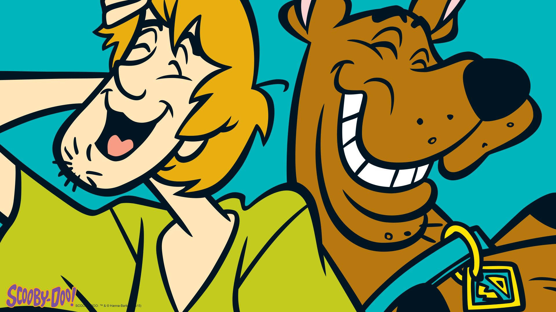 Scooby 桌布 壁紙 — 史酷比和沙奇在青綠色背景上以明亮的卡通風格歡樂地大笑。