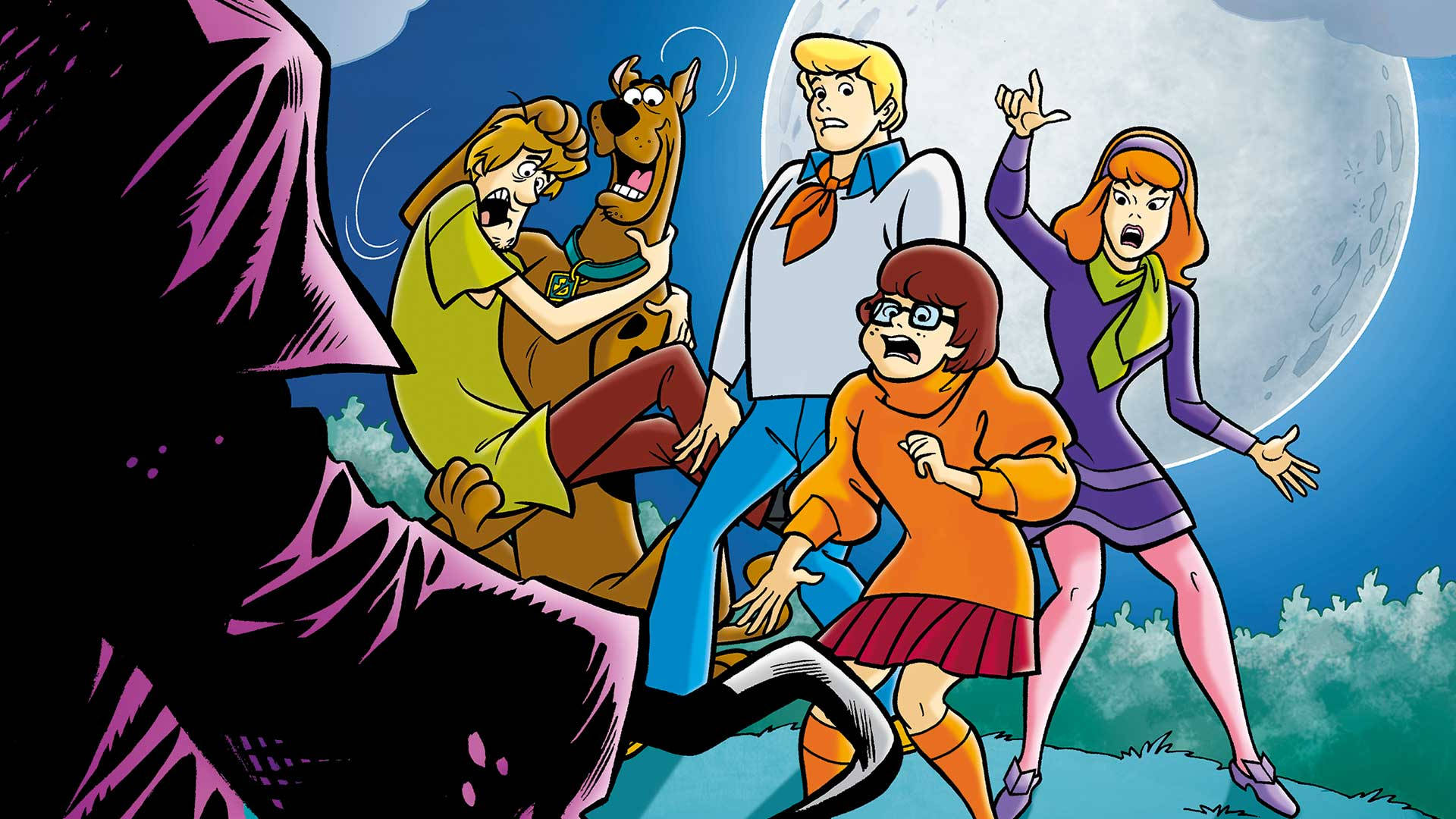 Scooby 桌布 壁紙 — 史酷比幫在滿月下尖叫，因為一隻巨大的紫色怪物逼近。