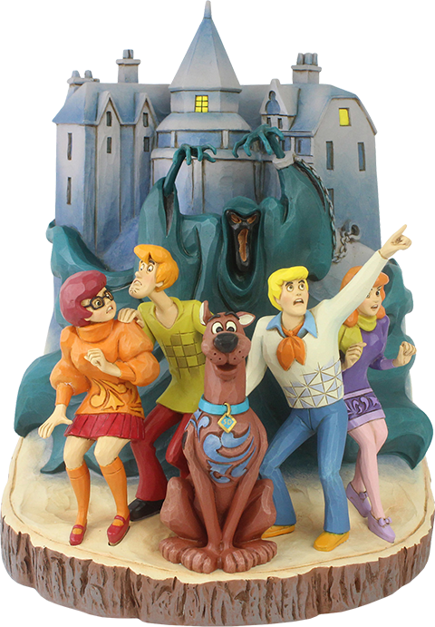 Scooby 桌布 壁紙 — 史酷比幫派站在一座鬧鬼城堡前，嚇得魂不附體，城堡牆壁上出現了一個幽靈般的身影。