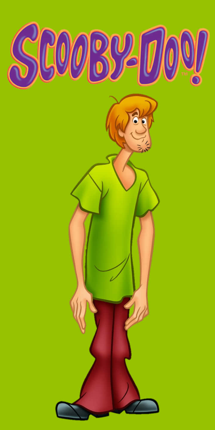Shaggy Rogers 桌布 壁紙 — 史酷比的人類朋友沙奇穿著他標誌性的綠色襯衫和紅色褲子，站在純青檸綠色背景前微笑。