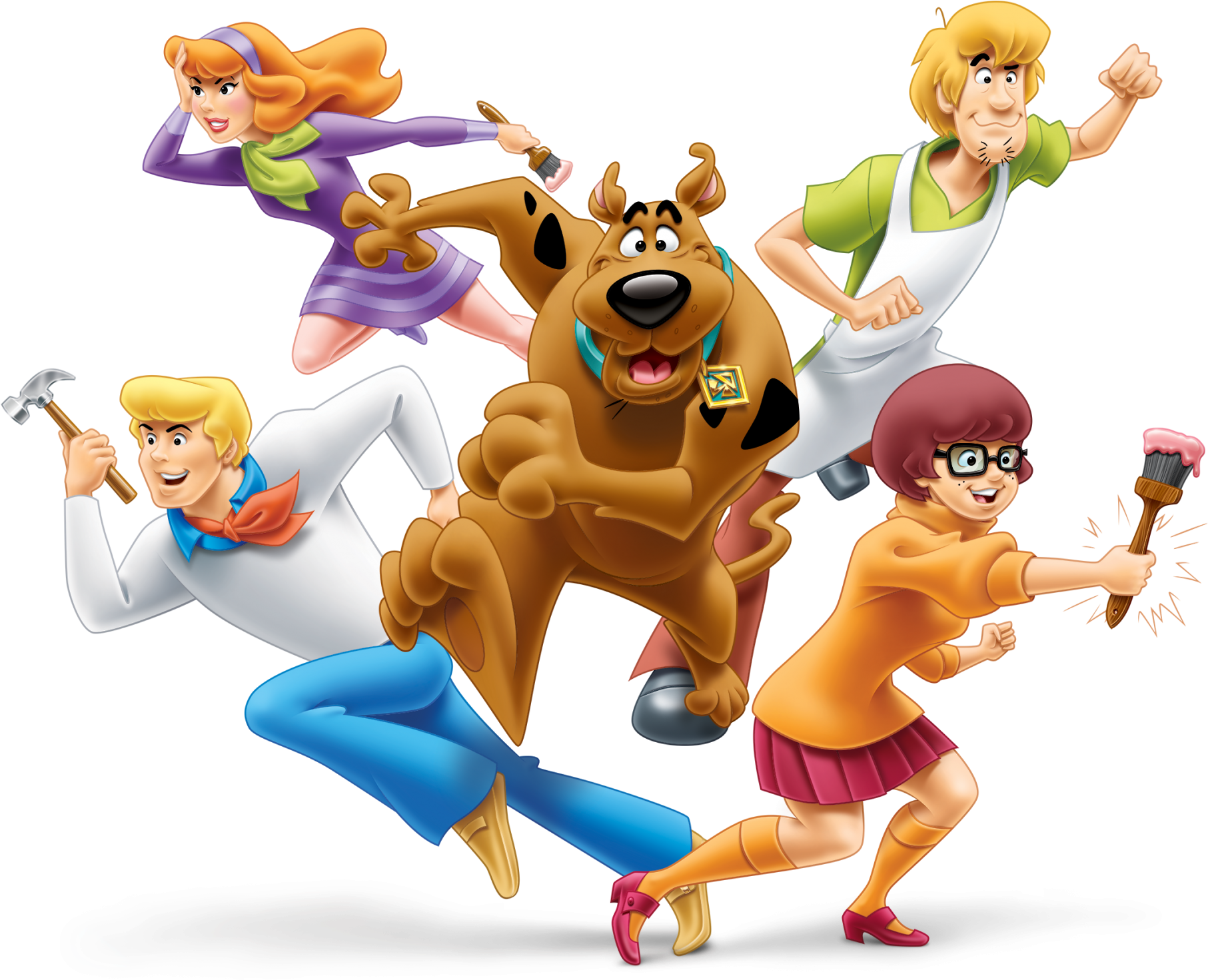 Cartoon Characters 桌布 壁紙 — 史酷比與團隊手持工具在黑色背景前動態奔跑。