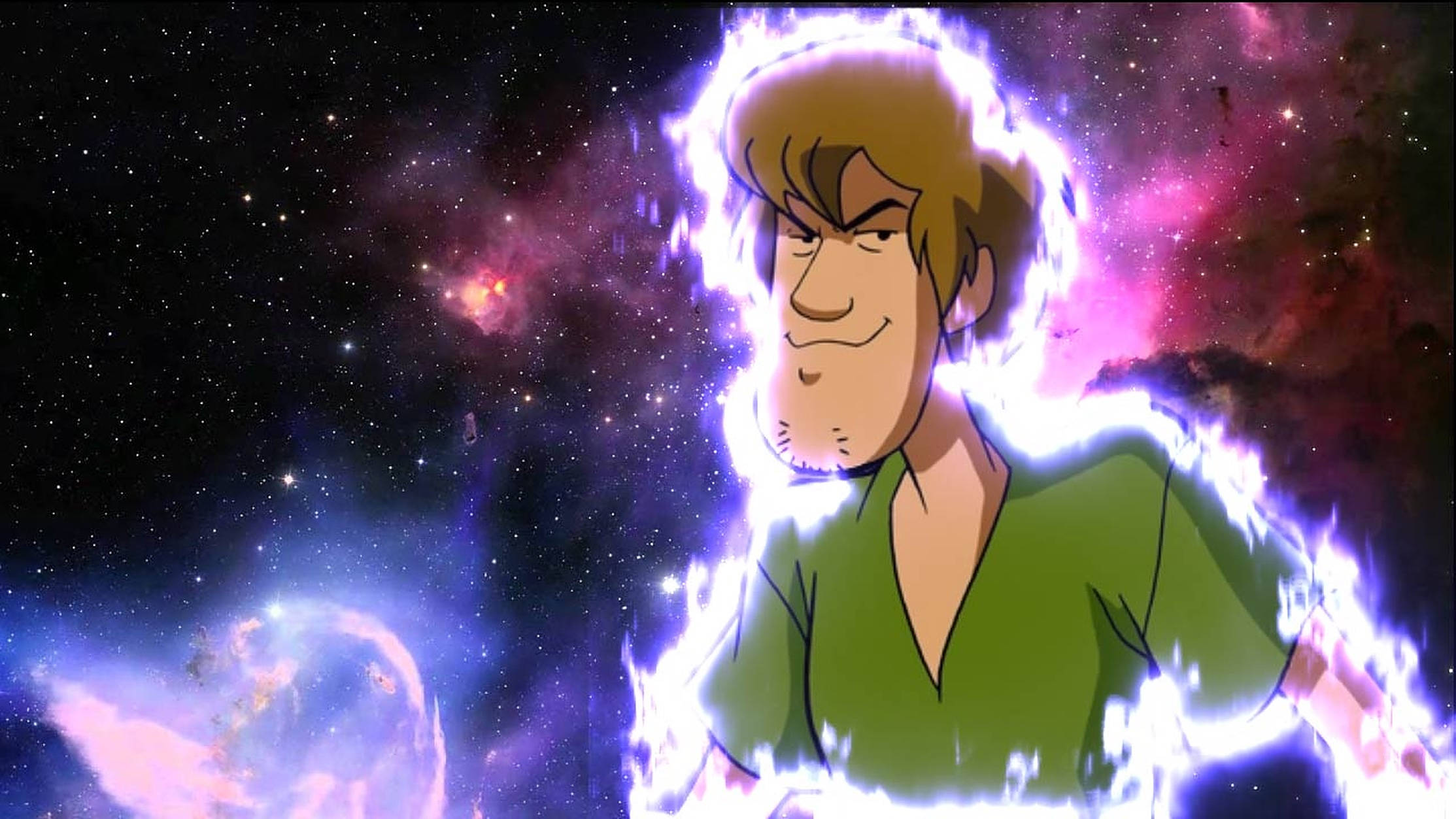 Shaggy 桌布 壁紙 — 史酷比英勇地站在太空中，被發光的宇宙能量和充滿活力的星雲包圍。