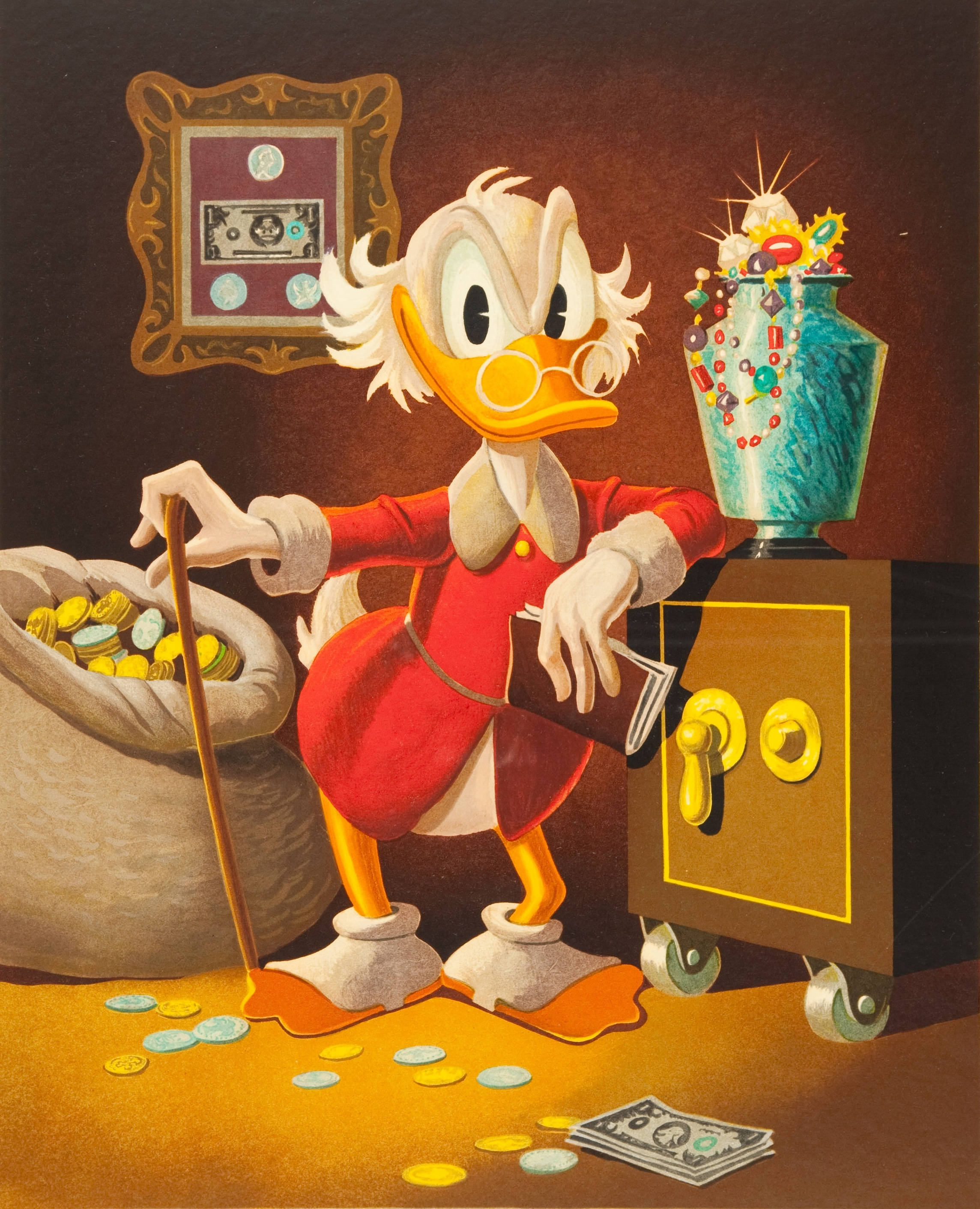 Scrooge 桌布 壁紙 — 史高治·麥克達克自豪地站在他的金庫中，周圍是滿溢的麻袋和一個裝滿寶藏的花瓶。