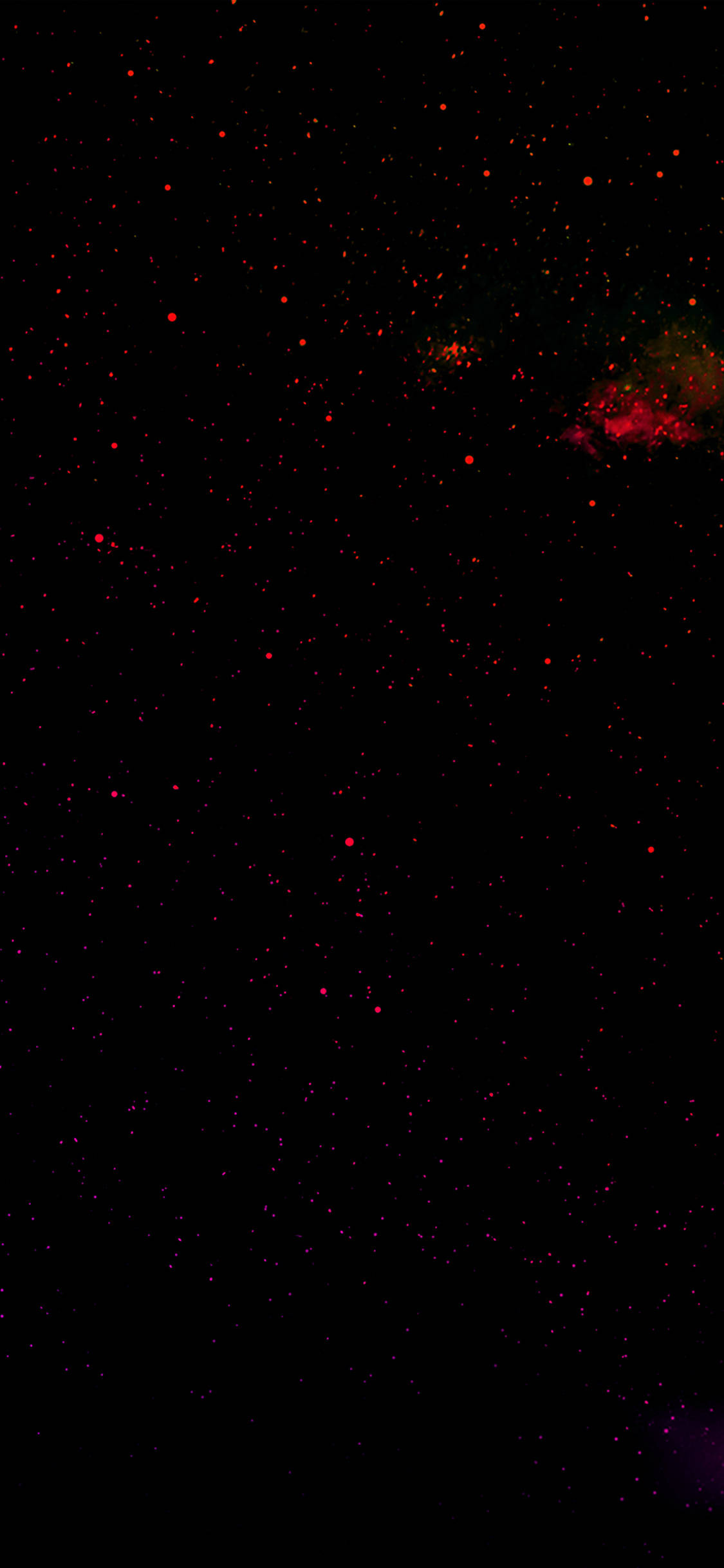 Red And Black iPhone 桌布 壁紙 — 右上角點綴著發光紅色星星和微弱星雲的深黑色宇宙虛空。