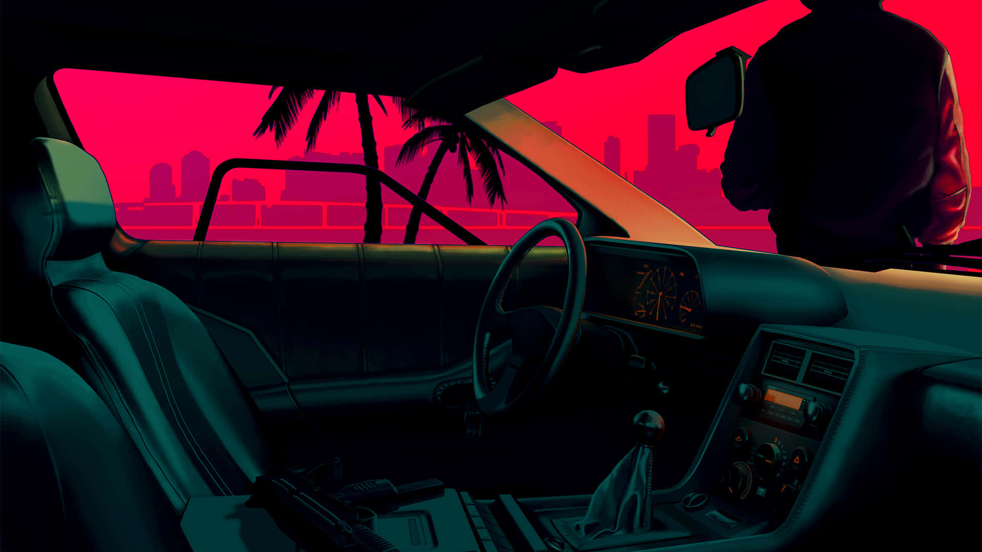 Hotline Miami 桌布 壁紙 — 司機在黃昏時坐在一輛復古車內，窗外可見霓虹粉紅色的城市景觀和棕櫚樹。