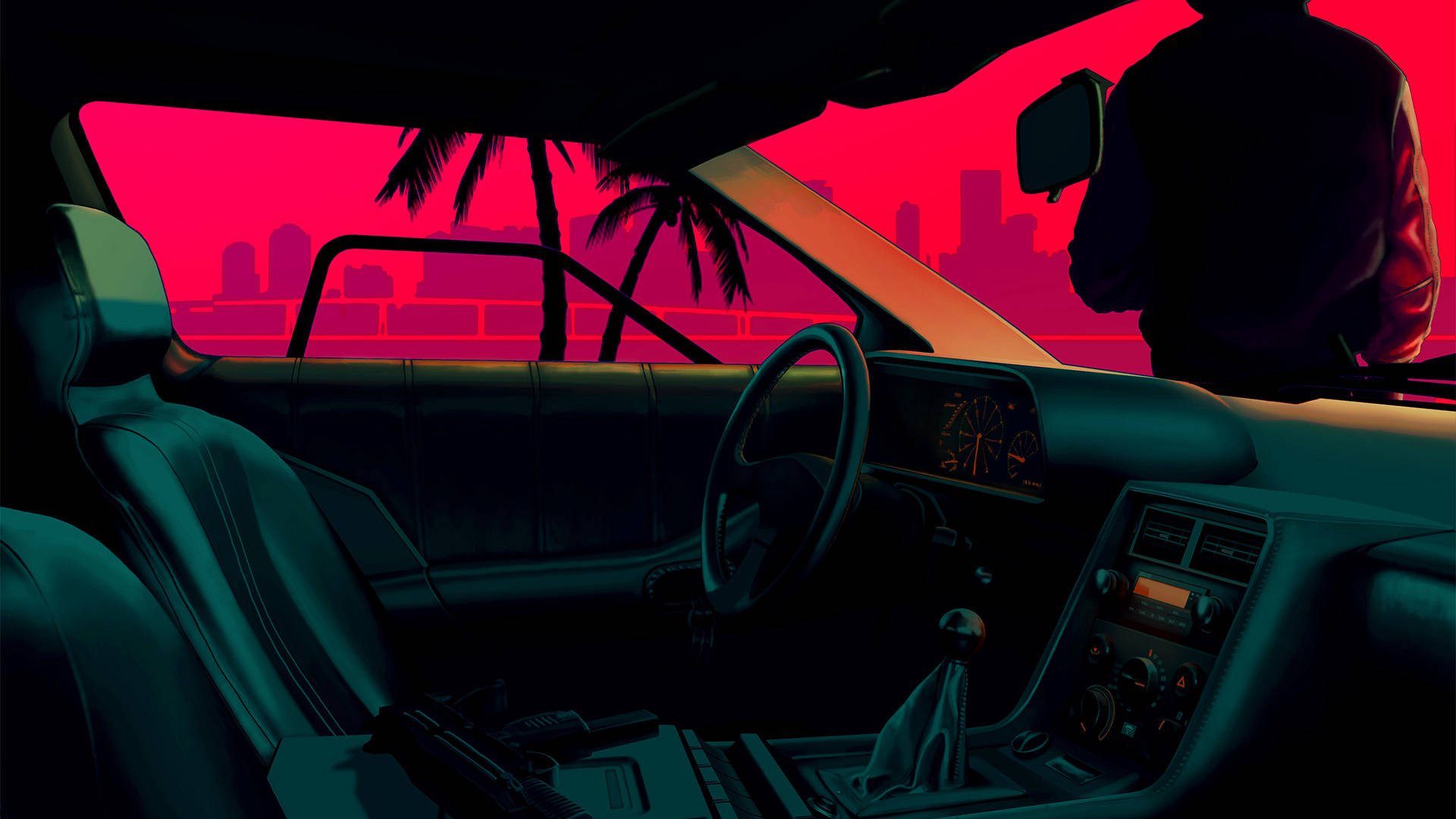 Retrowave 桌布 壁紙 — 司機坐在一輛復古車中，夕陽下棕櫚樹和城市天際線閃耀著鮮豔的粉紅色和藍綠色。