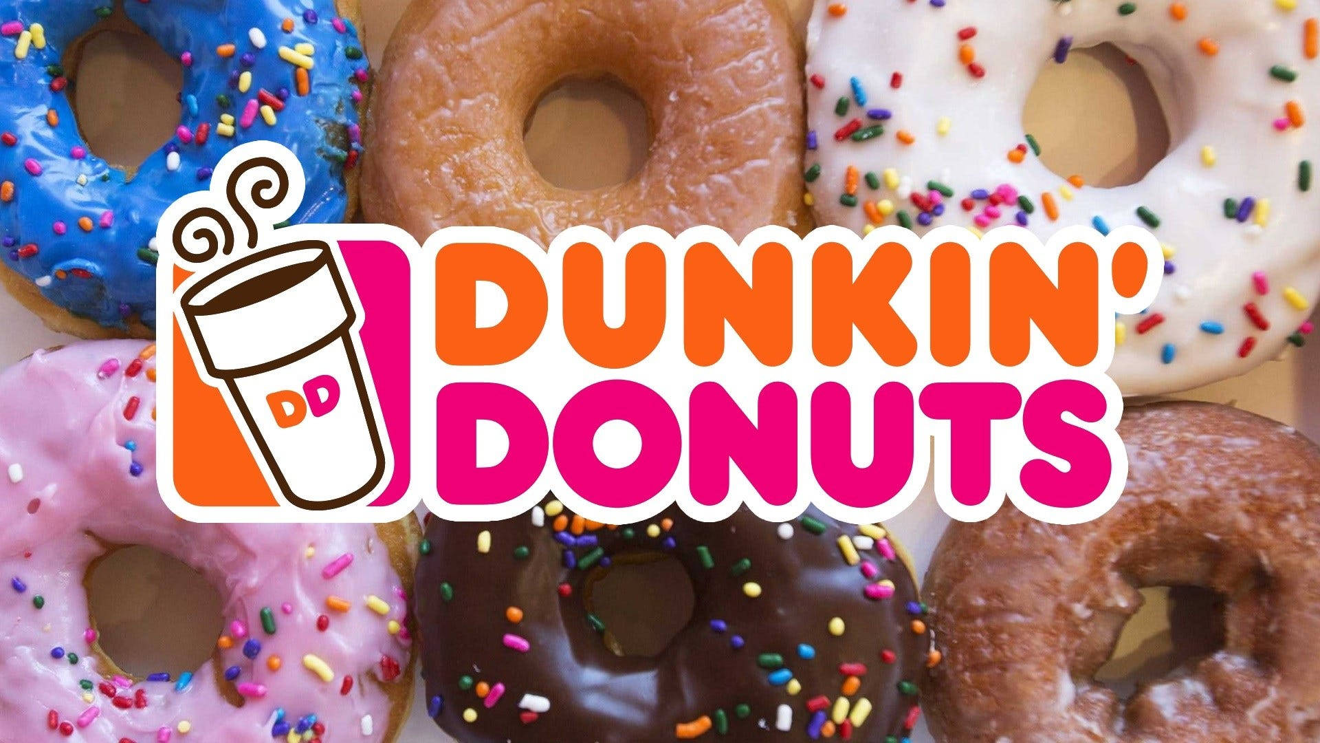 donuts 桌布 壁紙 — 各種Dunkin' Donuts的鮮豔特寫，包括色彩繽紛的糖霜和釉面甜甜圈，品牌標誌突出顯示。