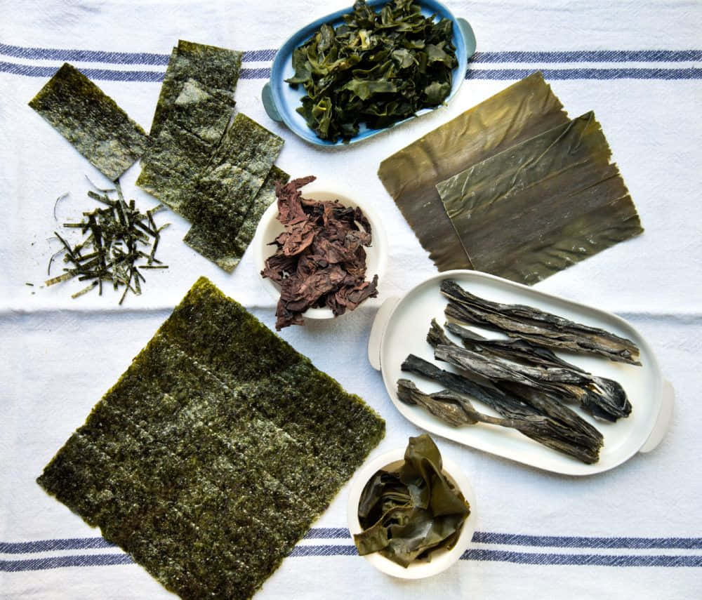 Seaweed 桌布 壁紙 — 各種乾海藻排列在條紋布上的碗和盤中。