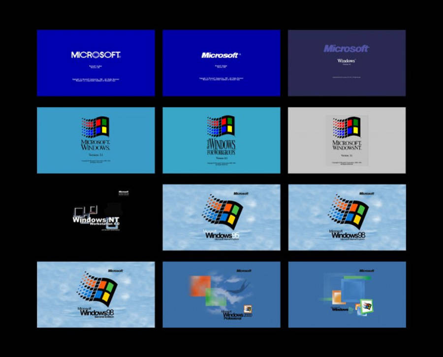 Original Windows 桌布 壁紙 — 各種作業系統的復古 Microsoft Windows 啟動畫面以網格形式顯示在黑色背景上。