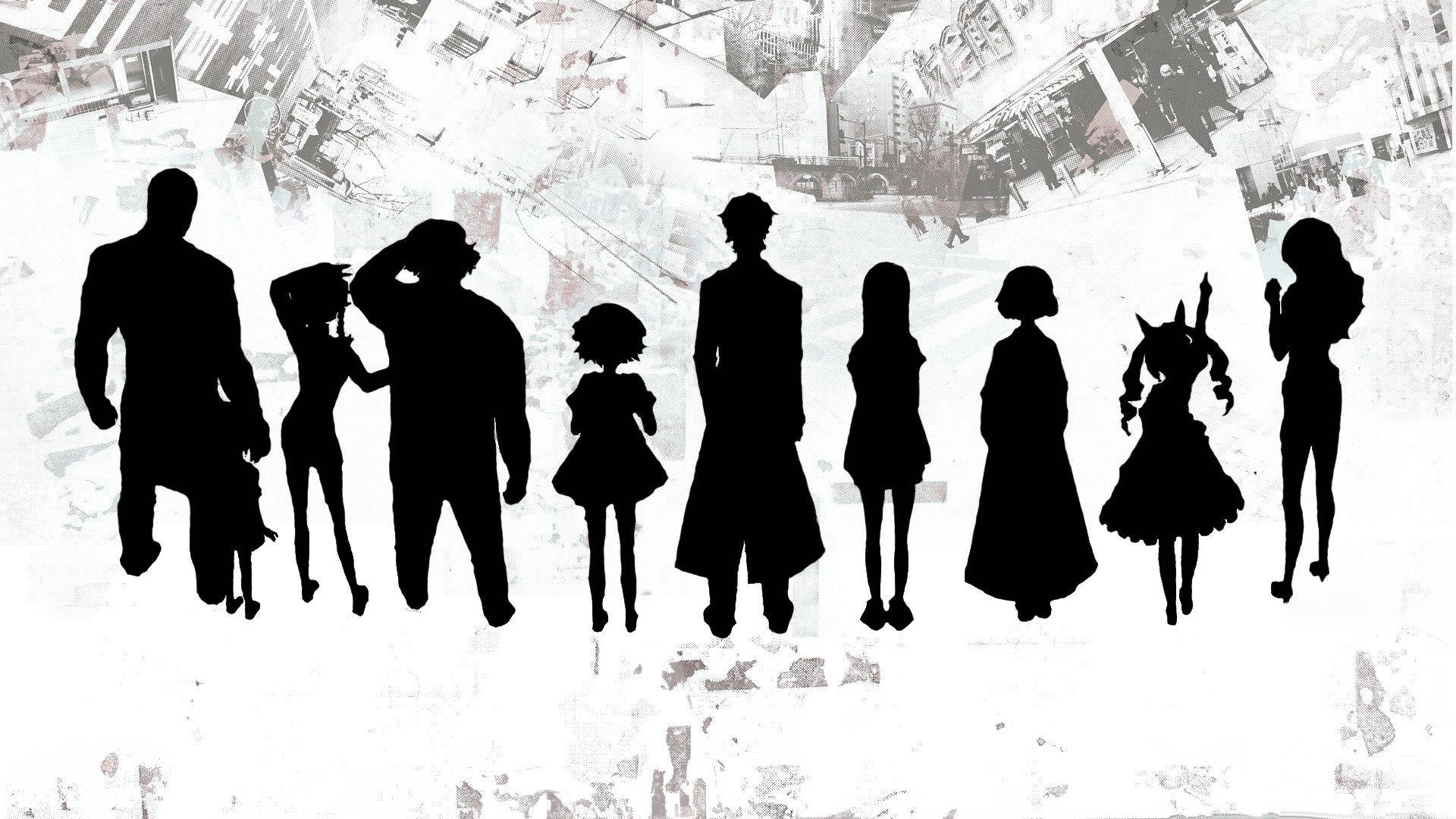 Steins Gate 桌布 壁紙 — 各種動漫角色的黑色剪影，在紋理白色背景上，與褪色城市照片的拼貼畫形成對比。