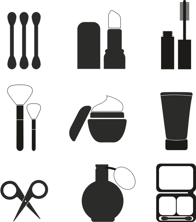 Beauty Parlour 桌布 壁紙 — 各種化妝工具和產品的極簡黑白剪影圖標，以網格排列。