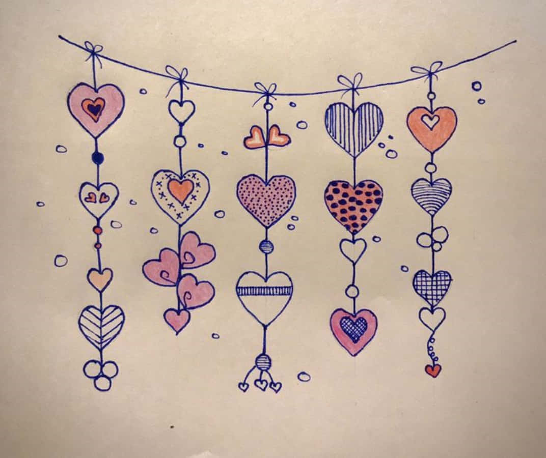 Heart Doodle 桌布 壁紙 — 各種圖案和顏色的手繪愛心掛在繩子上，像一個奇特的掛飾，背景是米色。