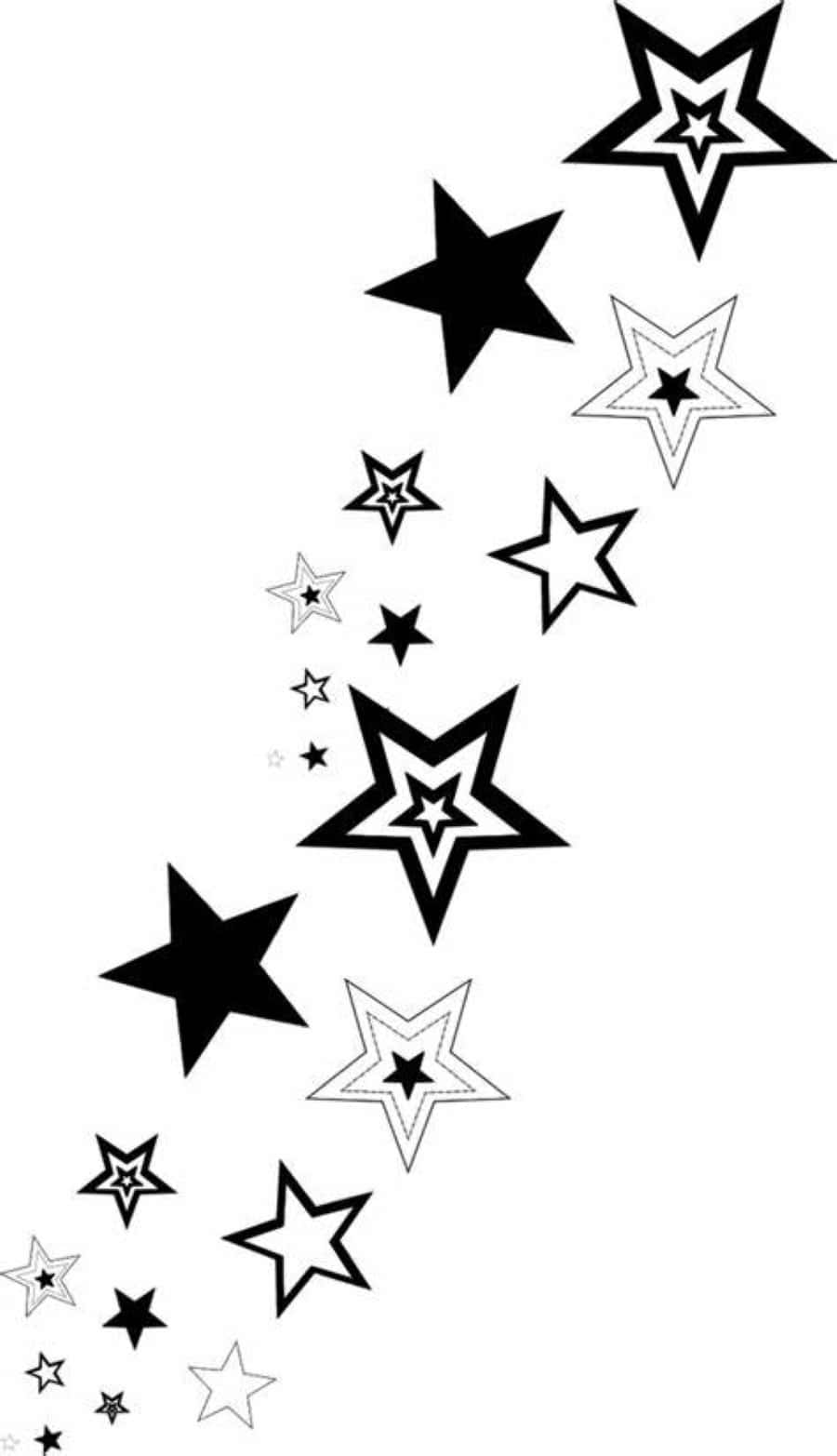 Black And White Star 桌布 壁紙 — 各種大小和風格的黑白星星動態地呈瀑布狀斜向流過純白色背景。