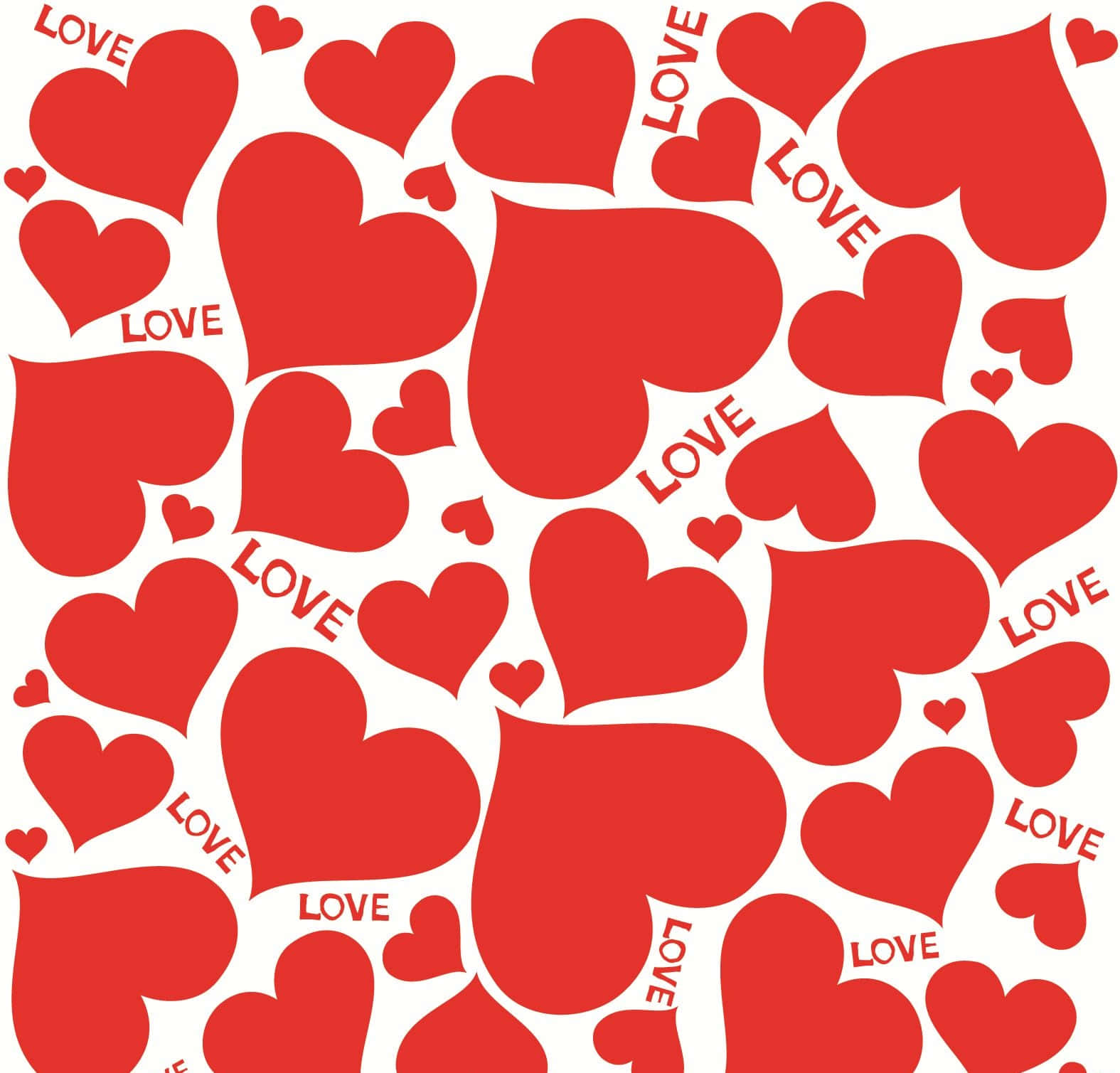 Heart Pattern 桌布 壁紙 — 各種大小的鮮豔紅色心形散落在白色背景上，部分心形內寫有love一詞。