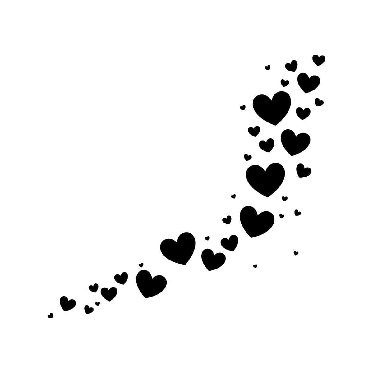Black And White Heart 桌布 壁紙 — 各種大小的黑色心形圖案以對角線方式層疊流過純白色背景。